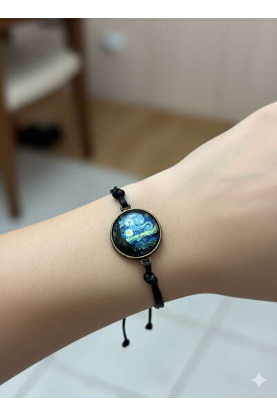 Herşey Nota Van Gogh “The Starry Night” Siyah İpli Bileklik – Unisex Sanat Te...