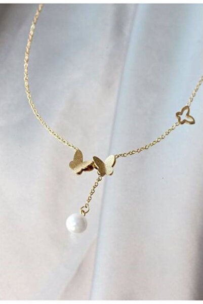 Herşey Nota Women's Necklace with Butterfly and Pearl Pendant Detail – Gold C...