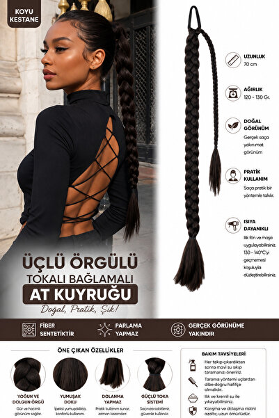 Mina Peruk Üçlü Örgülü Tokalı Bağlamalı At Kuyruğu - Koyu Kestane