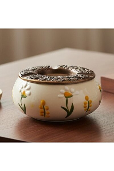 sharp&art Large Chinese Ashtray with Flower-Patterned Metal Lid (with 12 cm a...