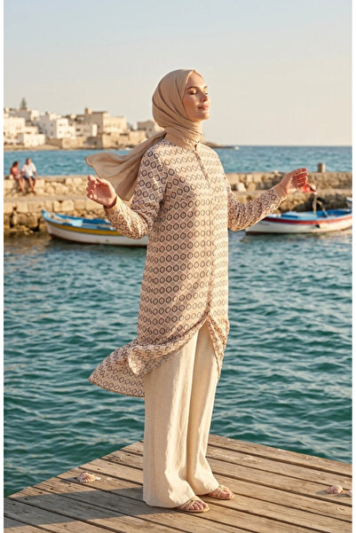 sefamerve Geometric Patterned Buttoned Tunic 2299-04 Beige