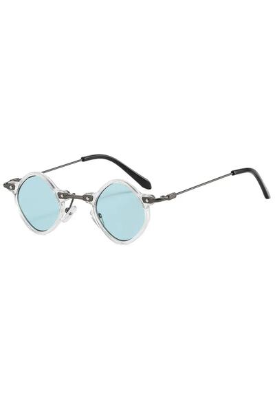 Toz Vintage Glossy Mavi Cam Şeffaf Yuvarlak Kemik Çerçeve Vintage Retro Güneş...