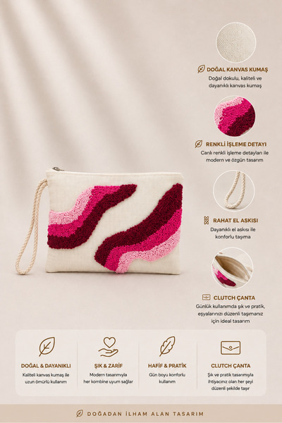 Riluna Pembe İşlemeli Clutch Çanta