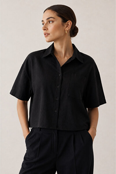 DI LORIA Women's Black Short Sleeve Basic Cool Linen Shirt (100% Linen)
