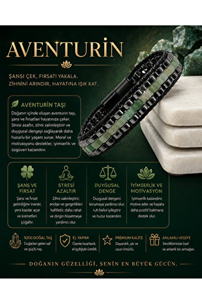 YILDIZ DOĞAL TAŞ Sertifikalı Aventurin Disk Model Doğal Taş Erkek Bileklik Ki...