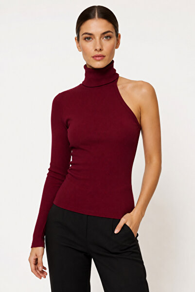Sienza One Shoulder Long Sleeve Burgundy Ribbed Knit Blouse