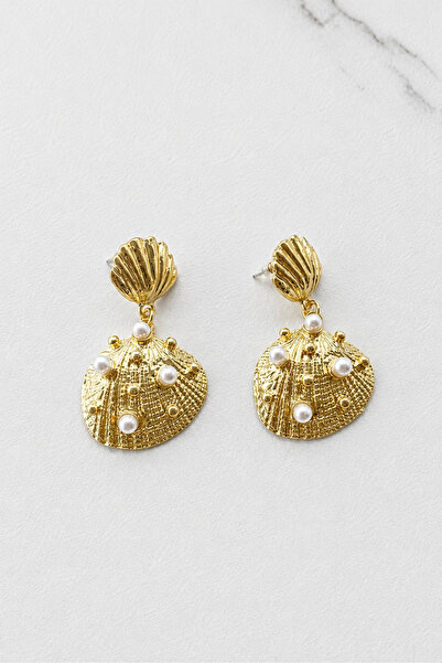Haziran Accessory, Gold Dangle Women's Earrings with Sea Shell Pearls