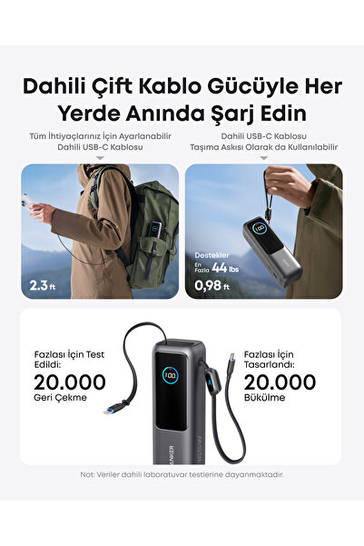 Anker انكر شاحن باور بانك فائق السرعة بسعة 25000 مللي أمبير وقوة 165 واط مع كابلات مدمجة وقابلة للطي