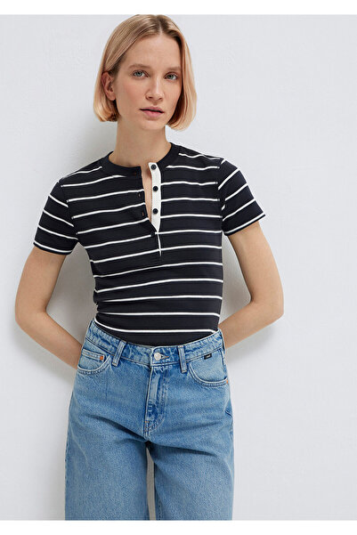 Mavi Halbknopfleisten-T-Shirt in Marineblau mit Streifen, taillierter Schnitt...