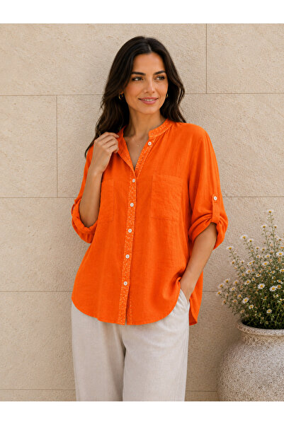 AGORATEKSTİL Women's Original Italian Raw Linen Sequined Lace Back Shirt 44-48