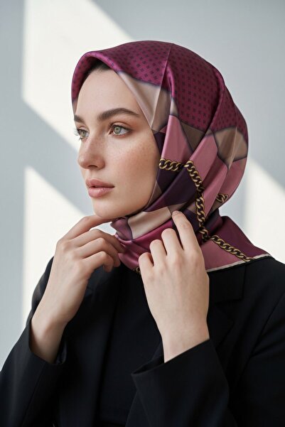 Vissona 100% Twill Silk Geometric Patterned Burgundy - Beige Colored 90X90 Sc...