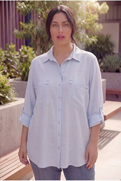 RMG Women's Plus Size Shirt with Pocket Embroidery Detail Blue
