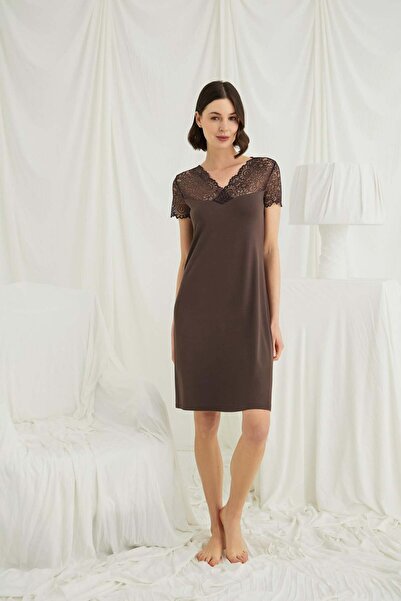 MONAMİSE Women's Short Sleeve and Lace V-Neck Nightgown 18703