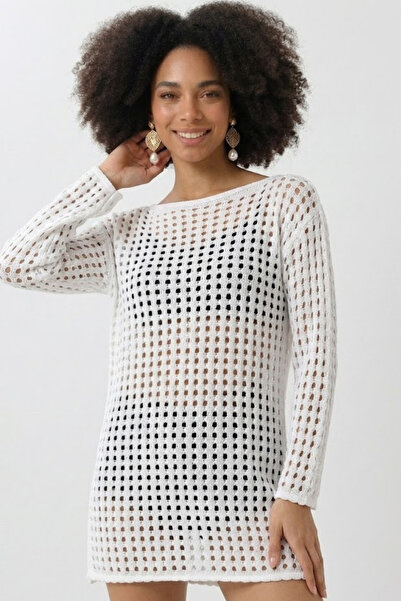Marvine Γυναικεία λευκή μακρυμάνικη διάτρητη μπλούζα με σχισμή