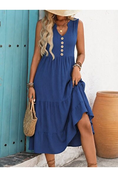 Kokosh moda Kadın V Yaka Düğme Detaylı Askılı Midi Bürümcük Elbise