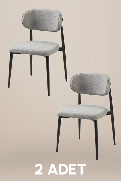 MYMASSA Luna Sandalye - Mense Gri - Metal Siyah Ayak ( 2 Adet ) - Salon Sanda...