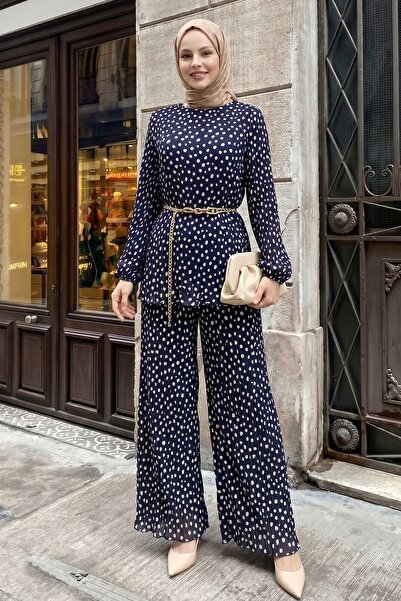 InStyle Σετ με φαρδύ παντελόνι, πουά, πλισέ σιφόν, σκούρο μπλε ναυτικό