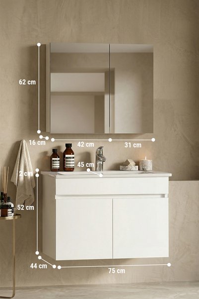 ÖZCEDEN Lotus 75 cm Beyaz MDF Seramik Lavabolu Asma Banyo Dolabı Takımı