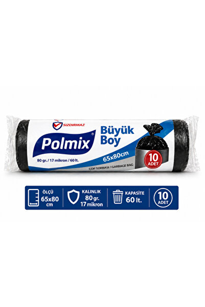 Polmix Çöp Poşeti Büyük Boy 65x80 cm Siyah 1 Rulo 10 Adet Dayanıklı Sızdırmaz