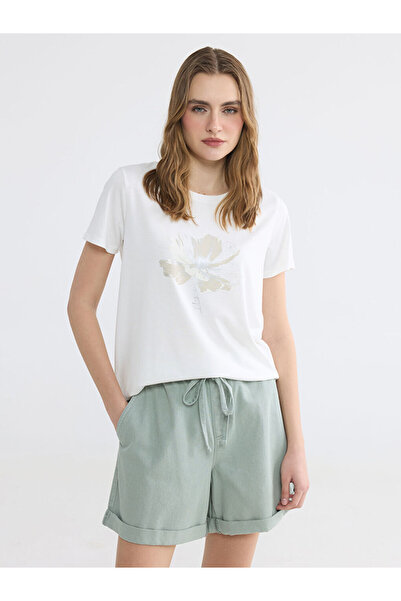 LC Waikiki LCW EVERYDAY Λευκό Γυναικείο T-Shirt με λαιμόκοψη ποδηλάτου και φλ...