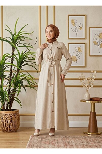 ELZORA WEAR Sofia Keten Kuşaklı Düğmeli Uzun Kap