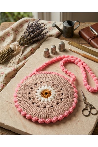 ih ihra Hand Knitted Round Daisy Bag - Pink & Beige Bohemian Shoulder Bag