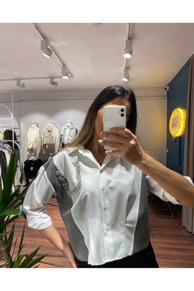 MODA Crystal Line Stone Detailed Contrast Shirt