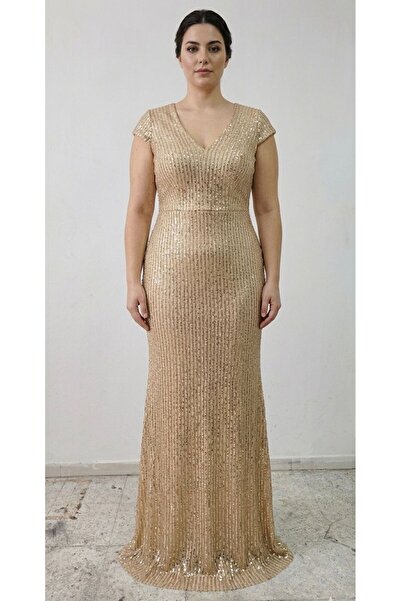 NOVERA DRESS "Ay Kol, V yaka kesme boncuk payet detaylı abiye elbise "