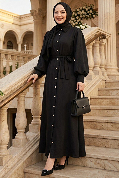 N.S NEVA STYLE Μαύρο Φόρεμα Χιτζάμπ με Κουμπιά 10642S