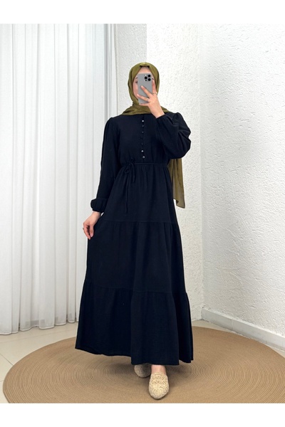 MİHRA STORE Κρυστάλλινο Φόρεμα Μουσελίνας με Κουμπιά και Στρώσεις-ML2143 Μαύρο