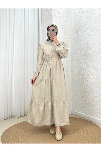 MİHRA STORE فستان موسلين مطوي بأزرار كريستالية-ML2143 حجري
