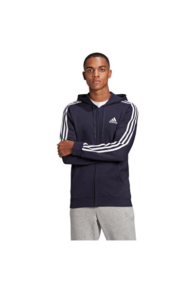 adidas Hanorac cu fermoar integral din fleece cu 3 dungi pentru bărbați, Esen...