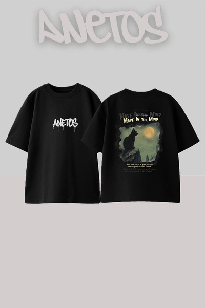 Anetos Full Moon Design Back Printed Cotton Black Oversize T-Shirt