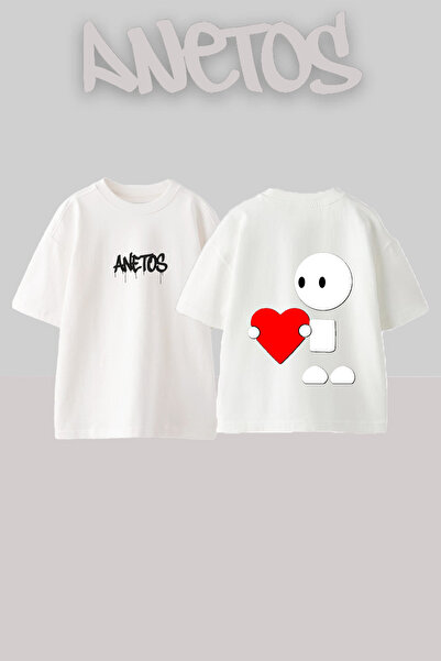 Anetos Tricou oversize alb din bumbac cu imprimeu pe spate Heart Holder Design