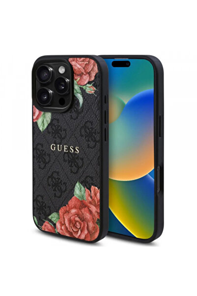 Stef's Cat Θήκη MagSafe για Apple iPhone 16 Pro, Guess, 4G Flowers Print, Μαύρο