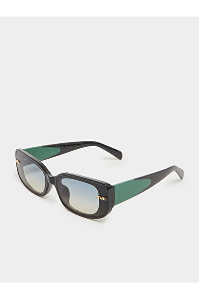 Styli Black Rectangle Sunglasses with Green Accents
