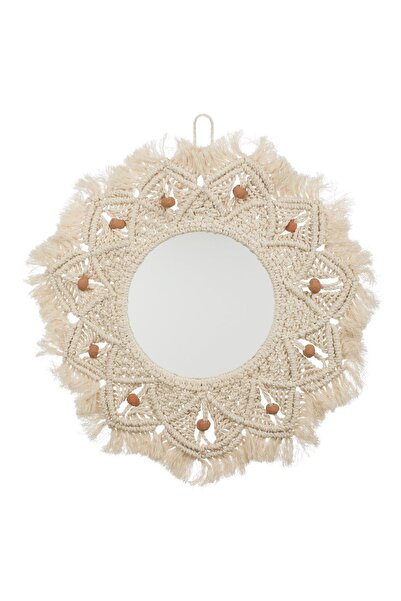 Zâna Casei Στρογγυλός Μπεζ Καθρέφτης με Μακραμέ & Κεραμικές Χάντρες Ø45cm