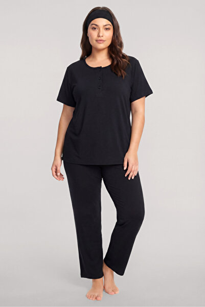 Akbeniz Σετ πιτζάμες μεγάλου μεγέθους με κουμπιά και κοντά μανίκια, μαύρο