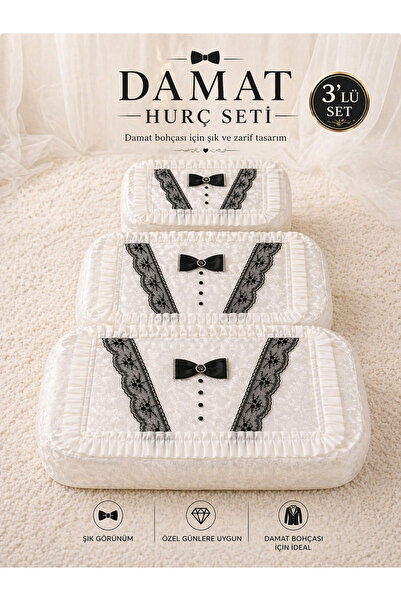 Hig Store Zerafet Serisi 3’lü Damat Figür Fransız Güpür Çeyizlik Hurç Seti 60...