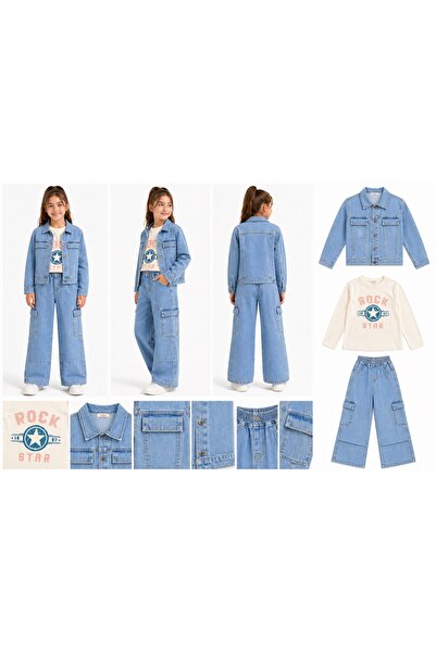 ecolkız Girl's Jean Jacket Set 3-Piece