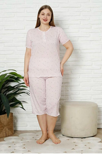 BALİS PİJAMA Plus Size Women's Buttoned Patterned Capri Pajama Set Comfortabl...
