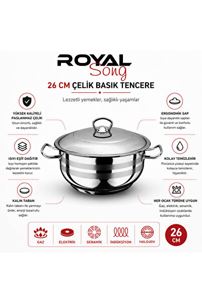 Royal Song 26 cm Çelik Tencere Kapaklı Paslanmaz Çelik Derin Tencere