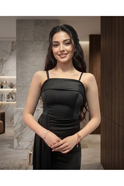 MBK Fashion Kadın Siyah Uzun Abiye Elbise İnce Askılı Zarif Davet Elbisesi