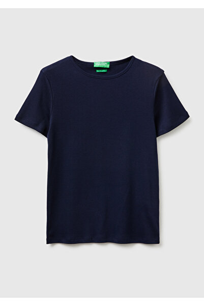 United Colors of Benetton Γυναικείο μπλουζάκι Navy Blue 100% βαμβακερό με λαι...