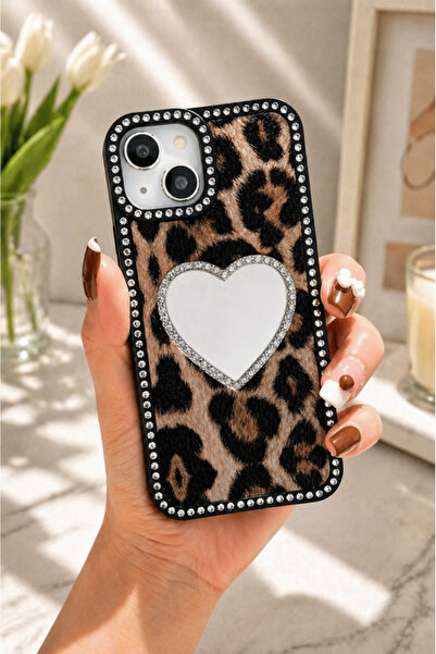 iPhone 13-iPhone 14 Compatible Leopard Pattern Glitter Stone Frame Heart Mirror Phone Case