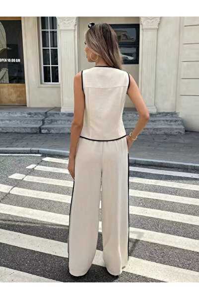 moda wanilia Kadın Kolsuz Ön Düğmeli Yelek Pantolon İkili Takım