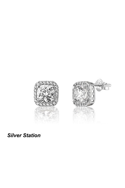 Silver Station 925 Ayar Gümüş Zirkon Taşlı Küpe - Kare Pırlanta Montürlü Gümü...