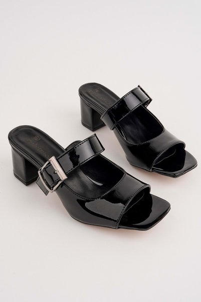 bulutmod Ba04604 Women's Black Buckle-Strapped 6 cm Heeled Slippers - 37