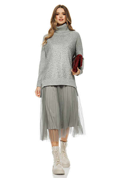 Fofy Elegant grey women's outfit with Angora sweater with sequins and dress w...