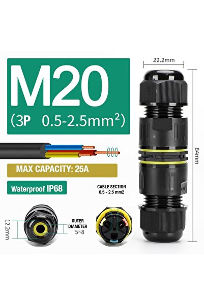 Onuvio Set de 2 bucăți, conector impermeabil IP68, M20, 3 poli, secțiune 0.5-2.5 mm², diametru 5-8 mm